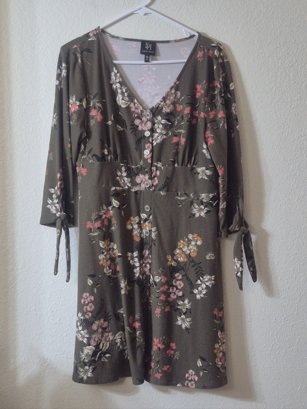 Derek Heart Olive Floral V-Neck Button Midi Dress